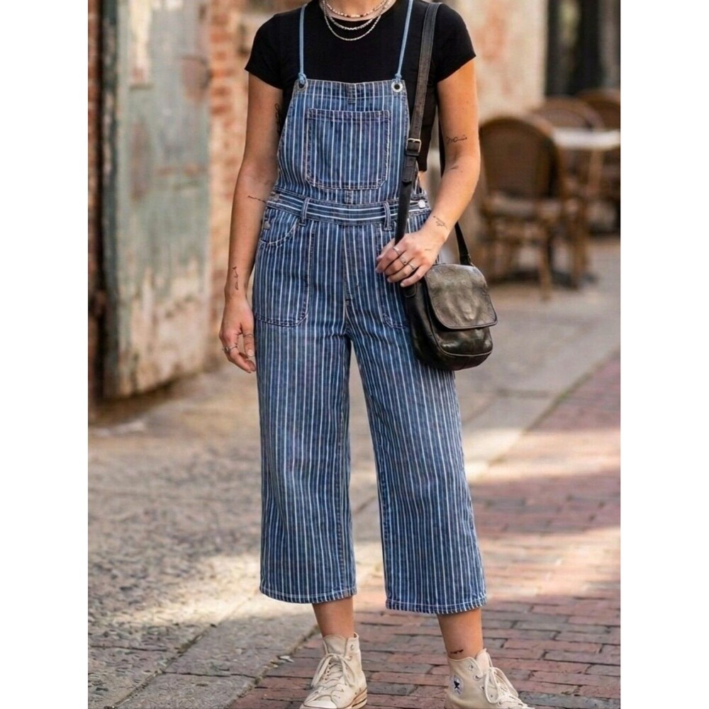 Kensie Blue & White Striped Denim Overalls Jumpsuit cropped cute size xl